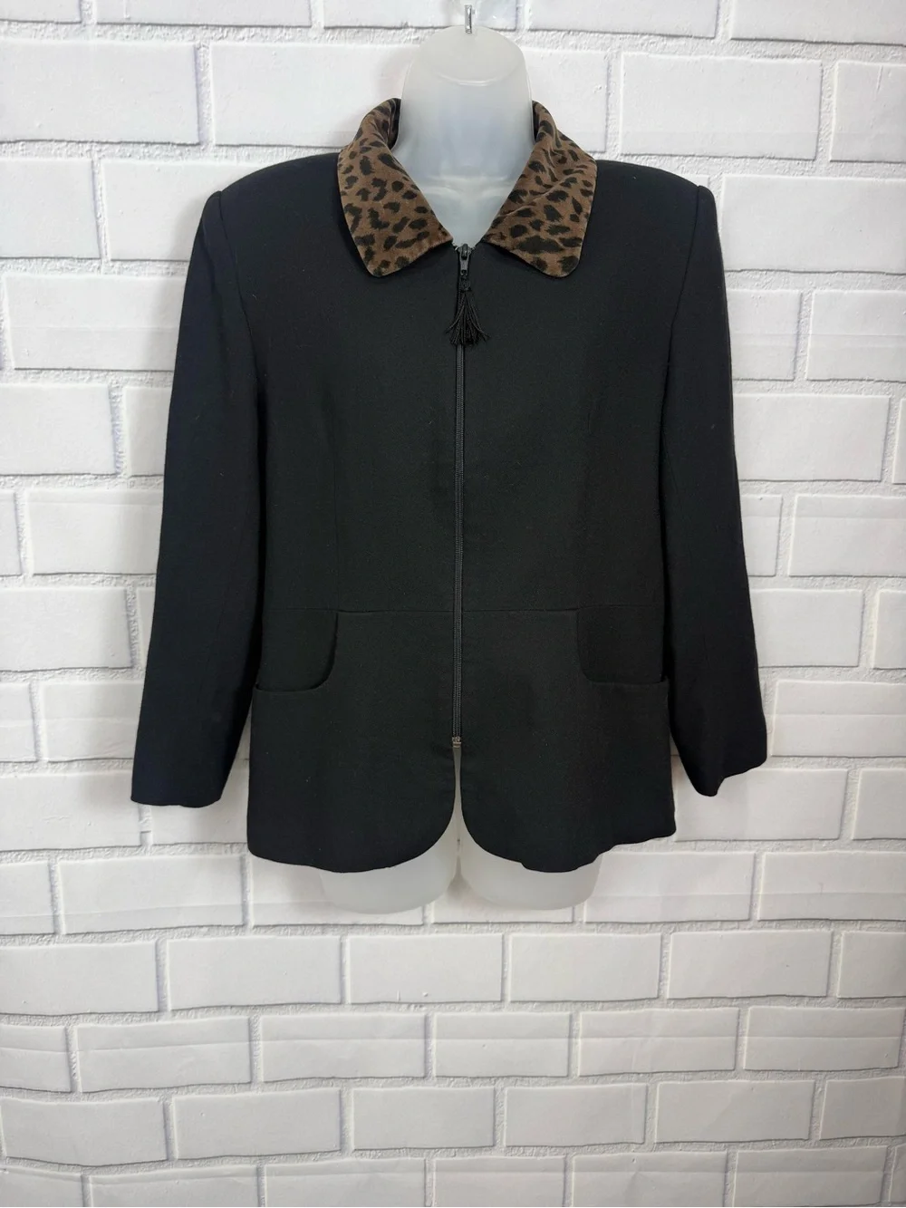Vintage Y2K Suits Me Black Leopard Collar Zip Blazer Jacket Size 6 academia chic